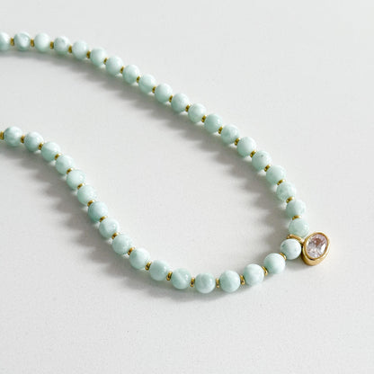 Green Moonstone Beaded Necklace, Genuine Green Moonstone Necklace, Oval CZ Pendant Necklace, Handmade Gemstone Necklace, Gold Beaded Jewelry