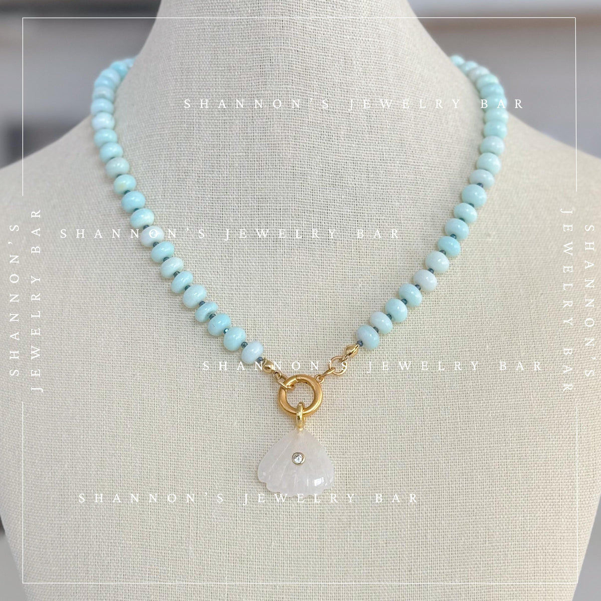 Peruvian Opal Necklace, Blue Opal Beaded Necklace, Gemstone Carabiner Charm Necklace, White Quartz Shell Pendant, Handmade Jewelry