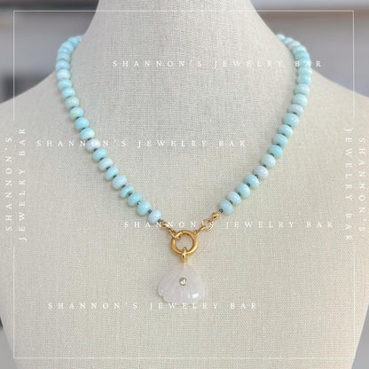 Peruvian Opal Necklace, Blue Opal Beaded Necklace, Gemstone Carabiner Charm Necklace, White Quartz Shell Pendant, Handmade Jewelry