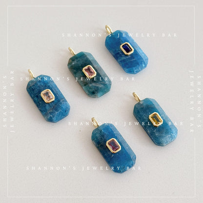 Natural Apatite Pendant, Blue Faceted Gemstone Charm with Gold CZ Detail, Rectangle Necklace Focal, Jewelry Making Supply