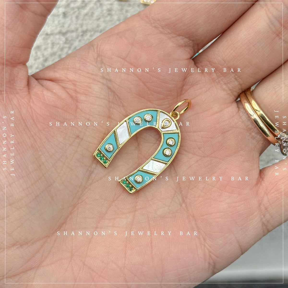 Turquoise Horseshoe Charm, Lucky Horseshoe Pendant, Western Charm Pendant, Horse Lover Jewelry, Mother of Pearl Horseshoe Charm
