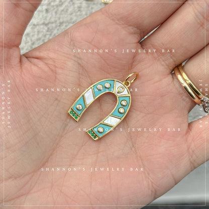 Turquoise Horseshoe Charm, Lucky Horseshoe Pendant, Western Charm Pendant, Horse Lover Jewelry, Mother of Pearl Horseshoe Charm