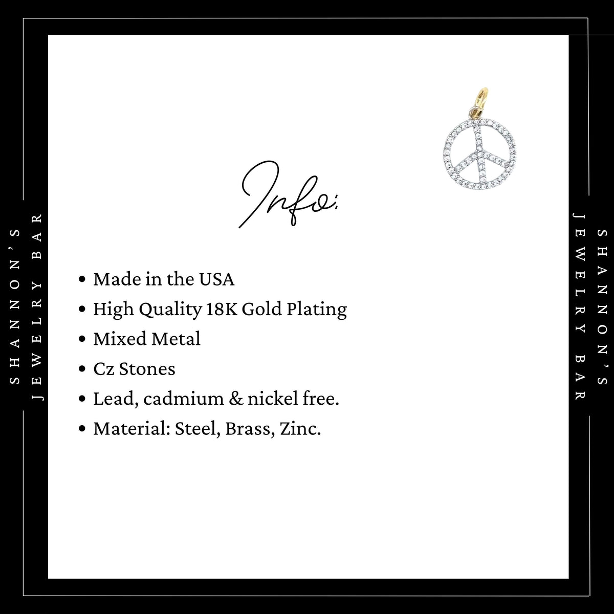 Peace Sign Charm Pendant, CZ Peace Symbol Charm, Boho Jewelry Charm, Festival Necklace Charm, Hippie Jewelry Pendant