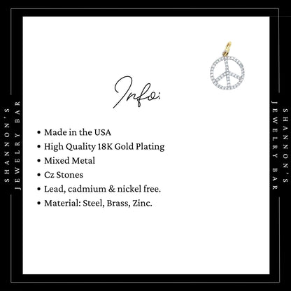 Peace Sign Charm Pendant, CZ Peace Symbol Charm, Boho Jewelry Charm, Festival Necklace Charm, Hippie Jewelry Pendant