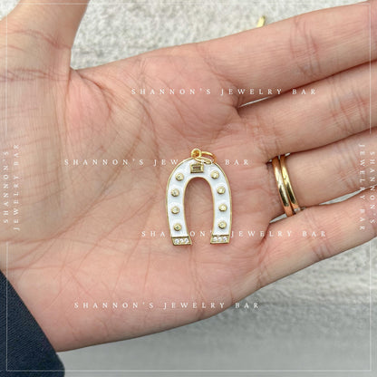 White Enamel Horseshoe Charm, Lucky Horseshoe Pendant, Gold Horseshoe Charm, Western Charm Necklace Pendant, Horse Lover Jewelry Charm