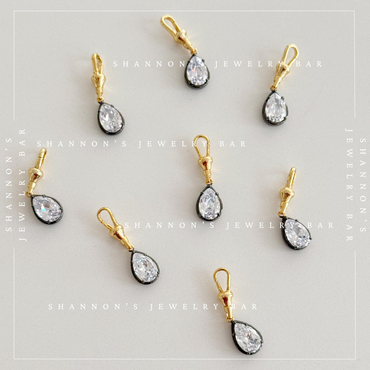 Two Tone Pear CZ Pendant Charm with Gold Clasp, Black Rhodium Silver Crystal Drop, Detachable Necklace Charm, Georgian Style Jewelry