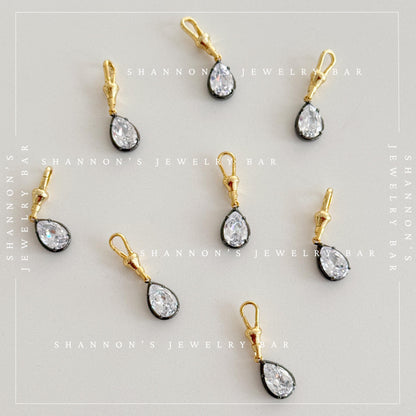 Two Tone Pear CZ Pendant Charm with Gold Clasp, Black Rhodium Silver Crystal Drop, Detachable Necklace Charm, Georgian Style Jewelry