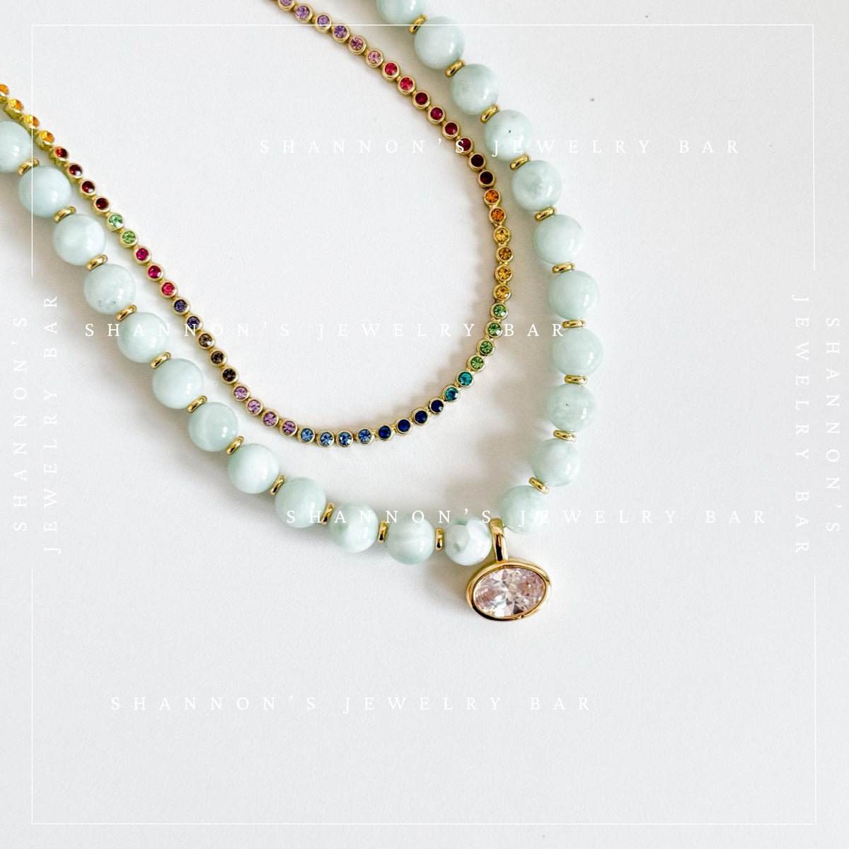Green Moonstone Beaded Necklace, Genuine Green Moonstone Necklace, Oval CZ Pendant Necklace, Handmade Gemstone Necklace, Gold Beaded Jewelry