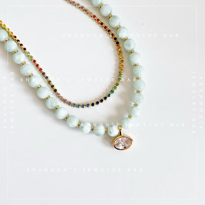 Green Moonstone Beaded Necklace, Genuine Green Moonstone Necklace, Oval CZ Pendant Necklace, Handmade Gemstone Necklace, Gold Beaded Jewelry