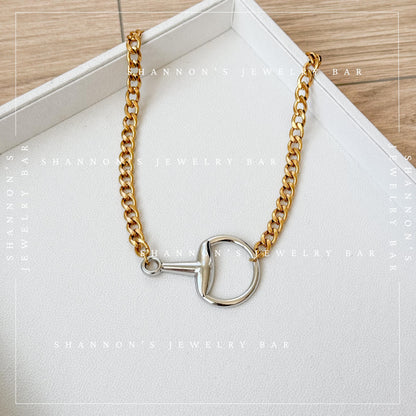 Mixed Metal Horsebit Necklace, Gold Cuban Link Chain Necklace, Silver Horsebit Statement Necklace, Waterproof Stainless Steel Jewelry