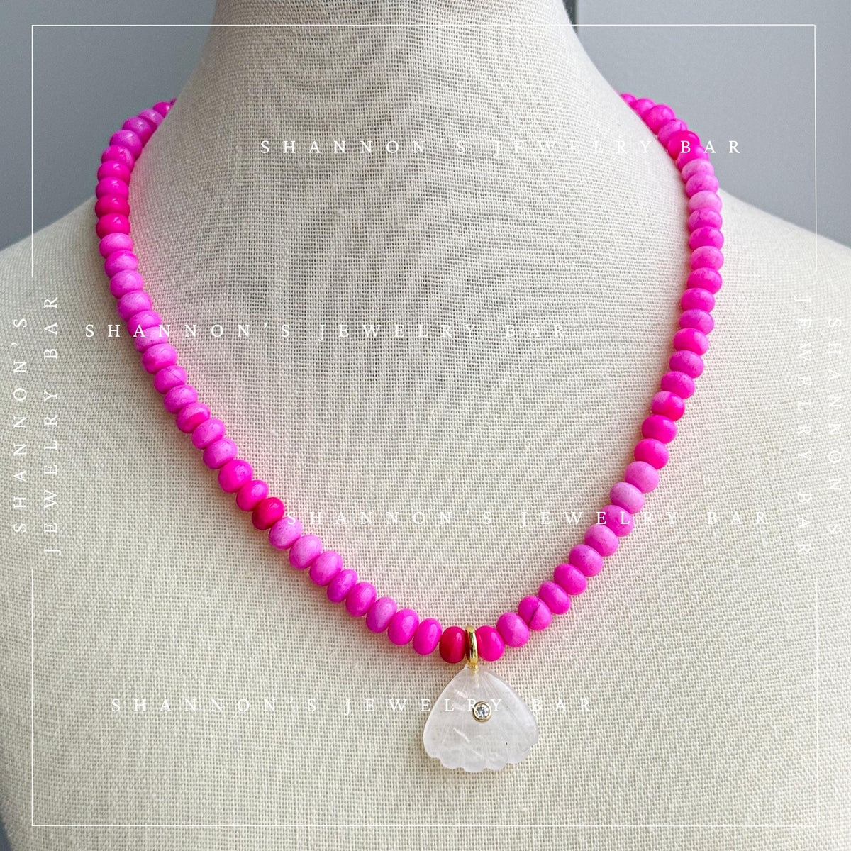 Pink Peruvian Opal Necklace, Quartz Shell Pendant Necklace, Handmade Gemstone Beaded Necklace, Coastal Jewelry, Pink Statement Necklace
