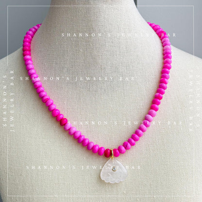 Pink Peruvian Opal Necklace, Quartz Shell Pendant Necklace, Handmade Gemstone Beaded Necklace, Coastal Jewelry, Pink Statement Necklace