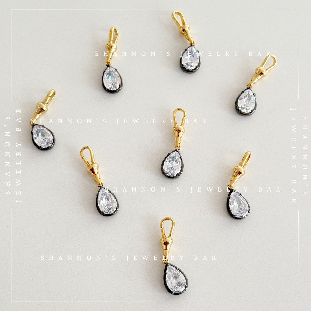 Two Tone Pear CZ Pendant Charm with Gold Clasp, Black Rhodium Silver Crystal Drop, Detachable Necklace Charm, Georgian Style Jewelry