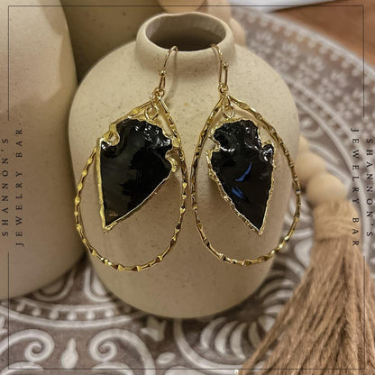 Handmade 18K Gold Plated Black Obsidian Arrowhead Hoop Earrings