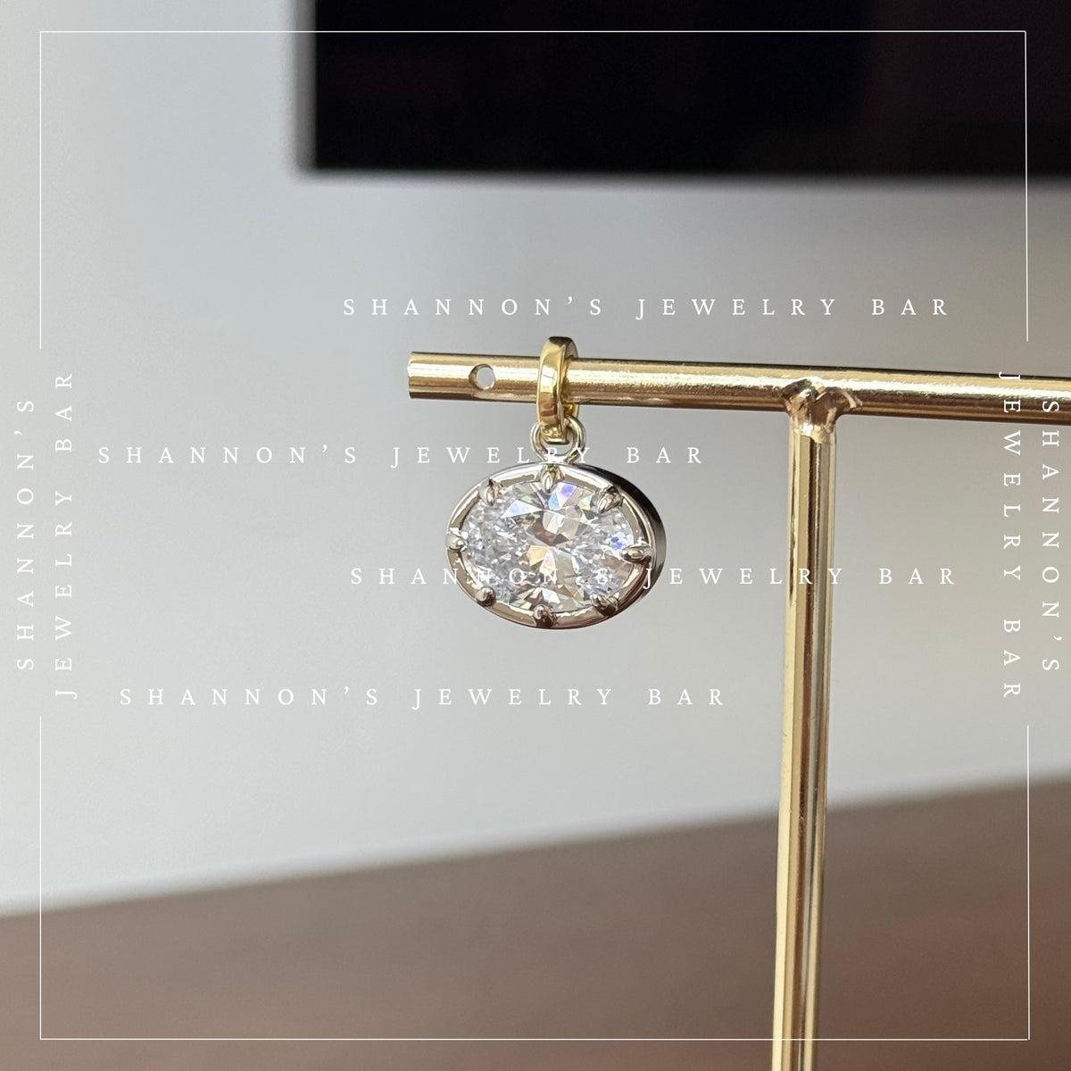 East West Brilliant Oval Pendant Charm, Mixed Metal Necklace Charm, Georgian Style Pendant, Bezel Set 8 Prong Solitaire