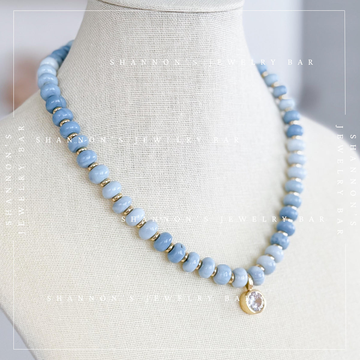 Blue Opal Necklace, Genuine Opal Beaded Necklace, Blue Gemstone Necklace, Gold CZ Pendant Necklace, Handmade Beaded Jewelry
