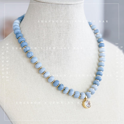 Blue Opal Necklace, Genuine Opal Beaded Necklace, Blue Gemstone Necklace, Gold CZ Pendant Necklace, Handmade Beaded Jewelry