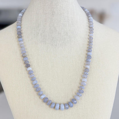 Turkish Chalcedony Necklace, Blue Gemstone Beaded Necklace, Genuine Chalcedony Jewelry, Faceted Stone Necklace, Gold Accent Necklace