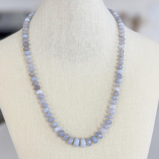 Turkish Chalcedony Necklace, Blue Gemstone Beaded Necklace, Genuine Chalcedony Jewelry, Faceted Stone Necklace, Gold Accent Necklace