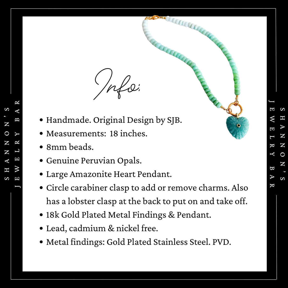 Peruvian Opal Necklace, Blue Opal Gemstone Necklace, Amazonite Heart Pendant, Gold Carabiner Necklace, Handmade Gemstone Jewelry