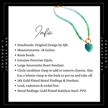 Peruvian Opal Necklace, Blue Opal Gemstone Necklace, Amazonite Heart Pendant, Gold Carabiner Necklace, Handmade Gemstone Jewelry