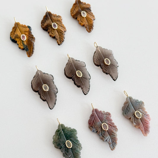 Natural Gemstone Leaf Pendant, Carved Tiger Eye, Smoky Quartz or Indian Agate Charm, Gold CZ Focal, Jewelry Making Supply
