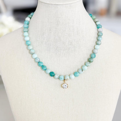 Handmade Amazonite Beaded Necklace, Blue Green Gemstone Necklace with Oval CZ Pendant, Gold Statement Jewelry, Gift for Her