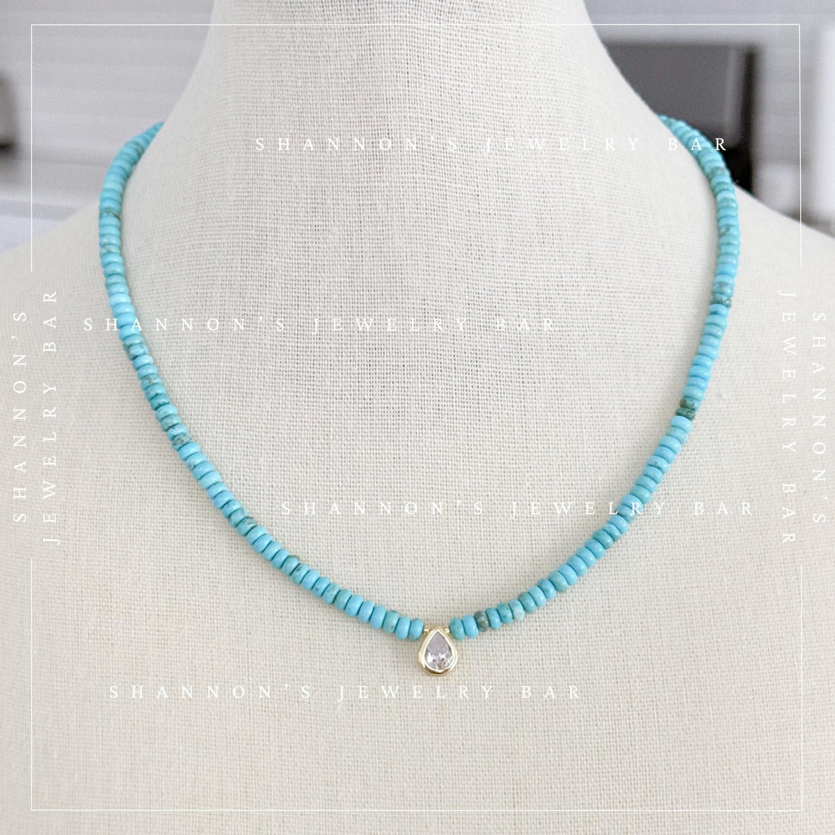 Turquoise Heishi Bead Necklace with CZ Pear Charm, Blue Stone Necklace, Gold Pendant Jewelry, 18 Inch Handmade