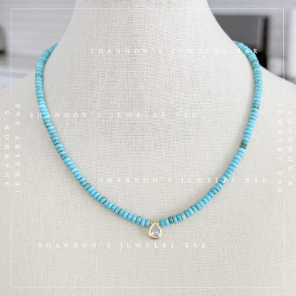 Turquoise Heishi Bead Necklace with CZ Pear Charm, Blue Stone Necklace, Gold Pendant Jewelry, 18 Inch Handmade