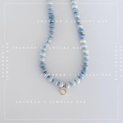 Blue Opal Necklace, Genuine Opal Beaded Necklace, Blue Gemstone Necklace, Gold CZ Pendant Necklace, Handmade Beaded Jewelry