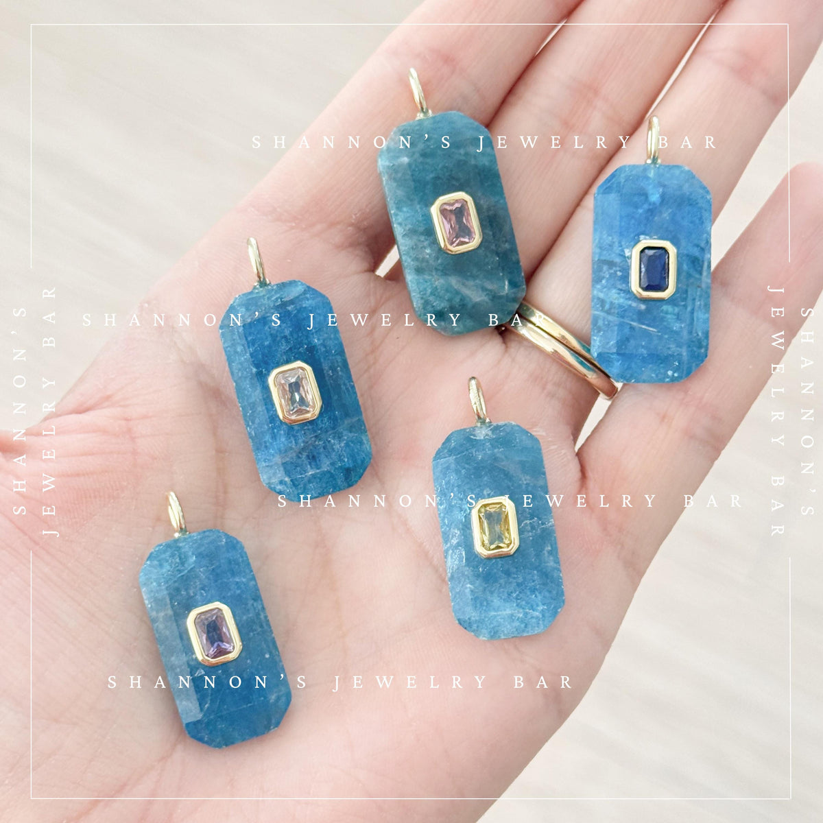 Natural Apatite Pendant, Blue Faceted Gemstone Charm with Gold CZ Detail, Rectangle Necklace Focal, Jewelry Making Supply