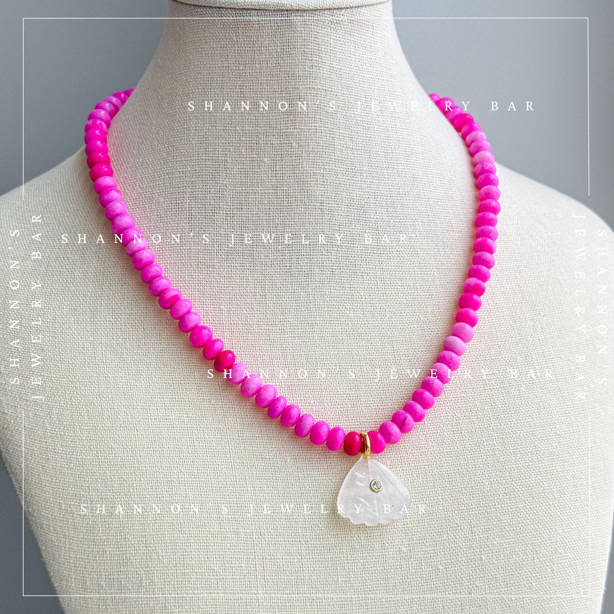 Pink Peruvian Opal Necklace, Quartz Shell Pendant Necklace, Handmade Gemstone Beaded Necklace, Coastal Jewelry, Pink Statement Necklace