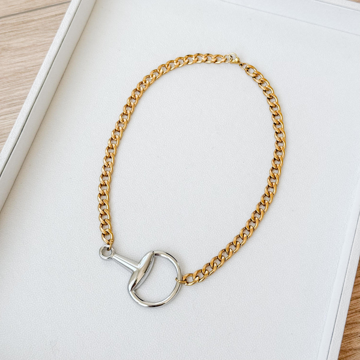 Mixed Metal Horsebit Necklace, Gold Cuban Link Chain Necklace, Silver Horsebit Statement Necklace, Waterproof Stainless Steel Jewelry