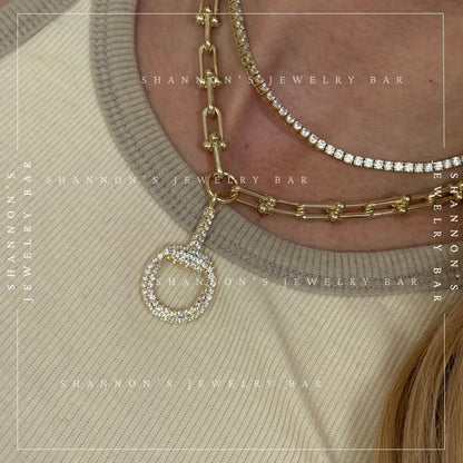 14k Gold Plated Industrial Chain Horsebit Necklace, CZ Pave Pendant Necklace, Chunky Gold Hardware Link Chain Necklace, Equestrian Jewelry,