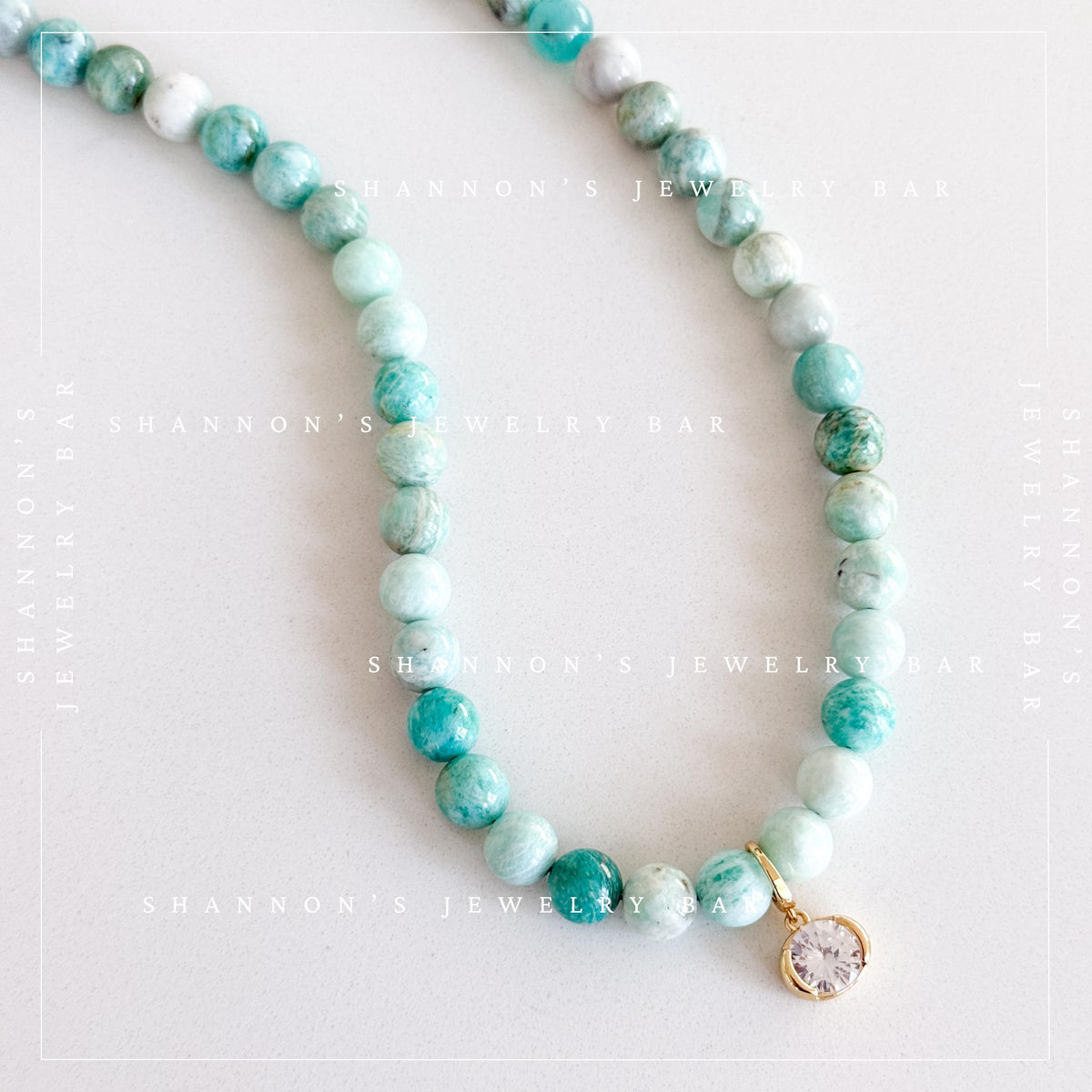 Handmade Amazonite Beaded Necklace, Blue Green Gemstone Necklace with Oval CZ Pendant, Gold Statement Jewelry, Gift for Her