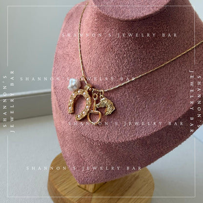 Western Charm Necklace, Gold Horseshoe Necklace, Horse Charm Necklace, Coastal Cowgirl Jewelry Equestrian Necklace, Pearl Charm Necklace