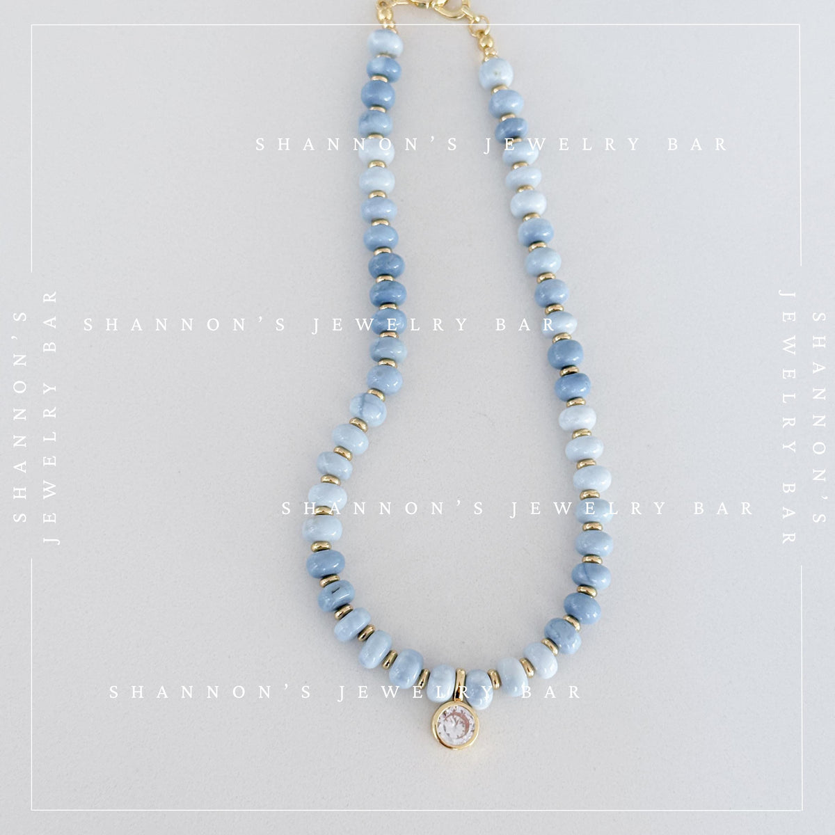 Blue Opal Necklace, Genuine Opal Beaded Necklace, Blue Gemstone Necklace, Gold CZ Pendant Necklace, Handmade Beaded Jewelry