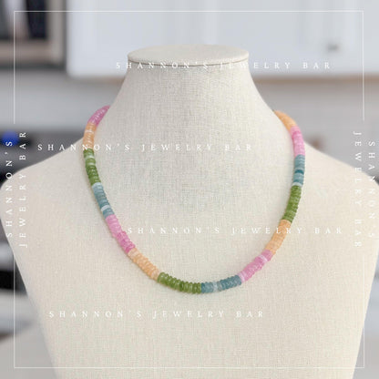 Colorful Quartz Gemstone Necklace, Multicolor Heishi Beaded Necklace, Pastel Rainbow Necklace, Handmade Gemstone Jewelry, Gift for Her