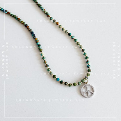 African Turquoise Necklace with CZ Peace Sign Pendant, Green Gemstone Beaded Necklace, Boho Hippie Jewelry, 18 Inch
