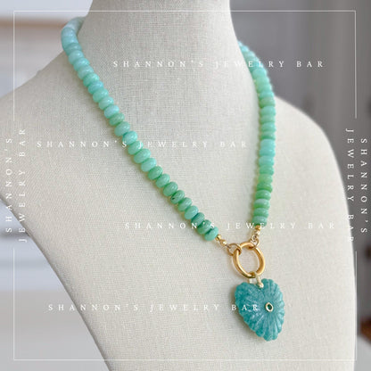 Peruvian Opal Necklace, Blue Opal Gemstone Necklace, Amazonite Heart Pendant, Gold Carabiner Necklace, Handmade Gemstone Jewelry