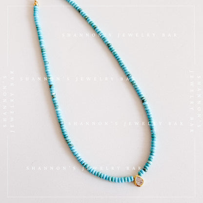 Turquoise Heishi Bead Necklace with CZ Pear Charm, Blue Stone Necklace, Gold Pendant Jewelry, 18 Inch Handmade