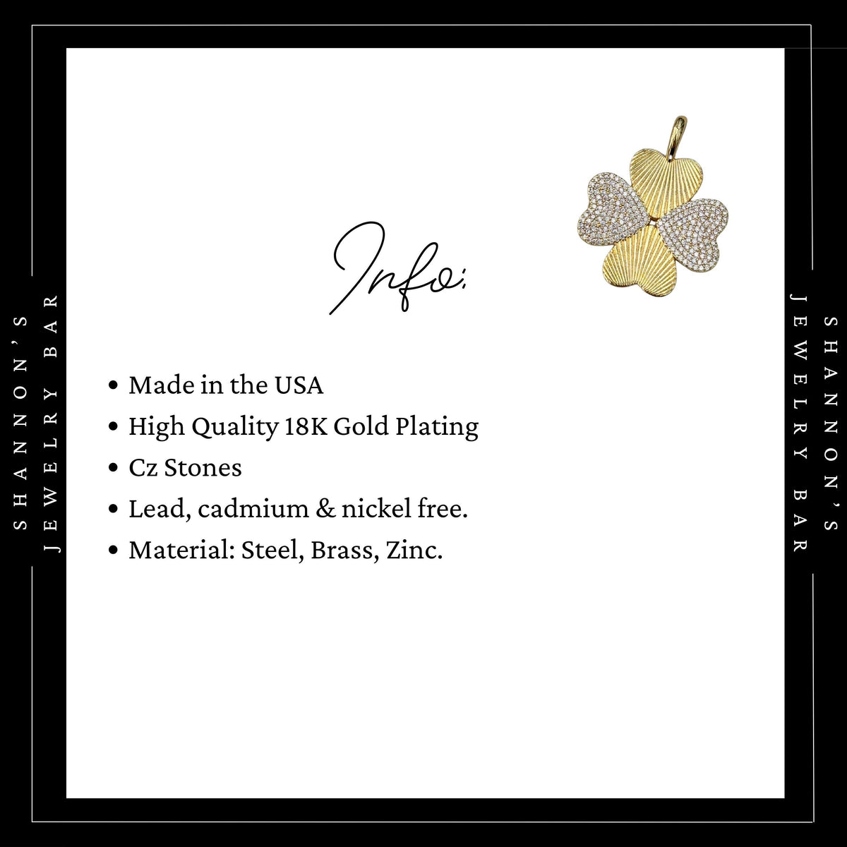 Four Leaf Clover Charm Gold CZ Charm Pendant, Lucky Clover Charm, Gold Charm for Charm Necklace, Charm Bar Pendant, Lucky Jewelry Charm