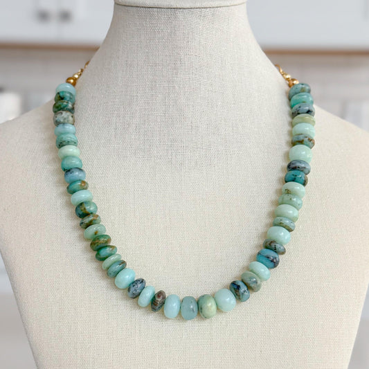 Blue Peruvian Opal Necklace, Genuine Opal Gemstone Necklace, Chunky Beaded Necklace, Handmade Blue Stone Jewelry, Statement
