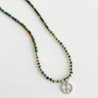 African Turquoise Necklace with CZ Peace Sign Pendant, Green Gemstone Beaded Necklace, Boho Hippie Jewelry, 18 Inch