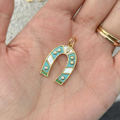 Turquoise Horseshoe Charm, Lucky Horseshoe Pendant, Western Charm Pendant, Horse Lover Jewelry, Mother of Pearl Horseshoe Charm