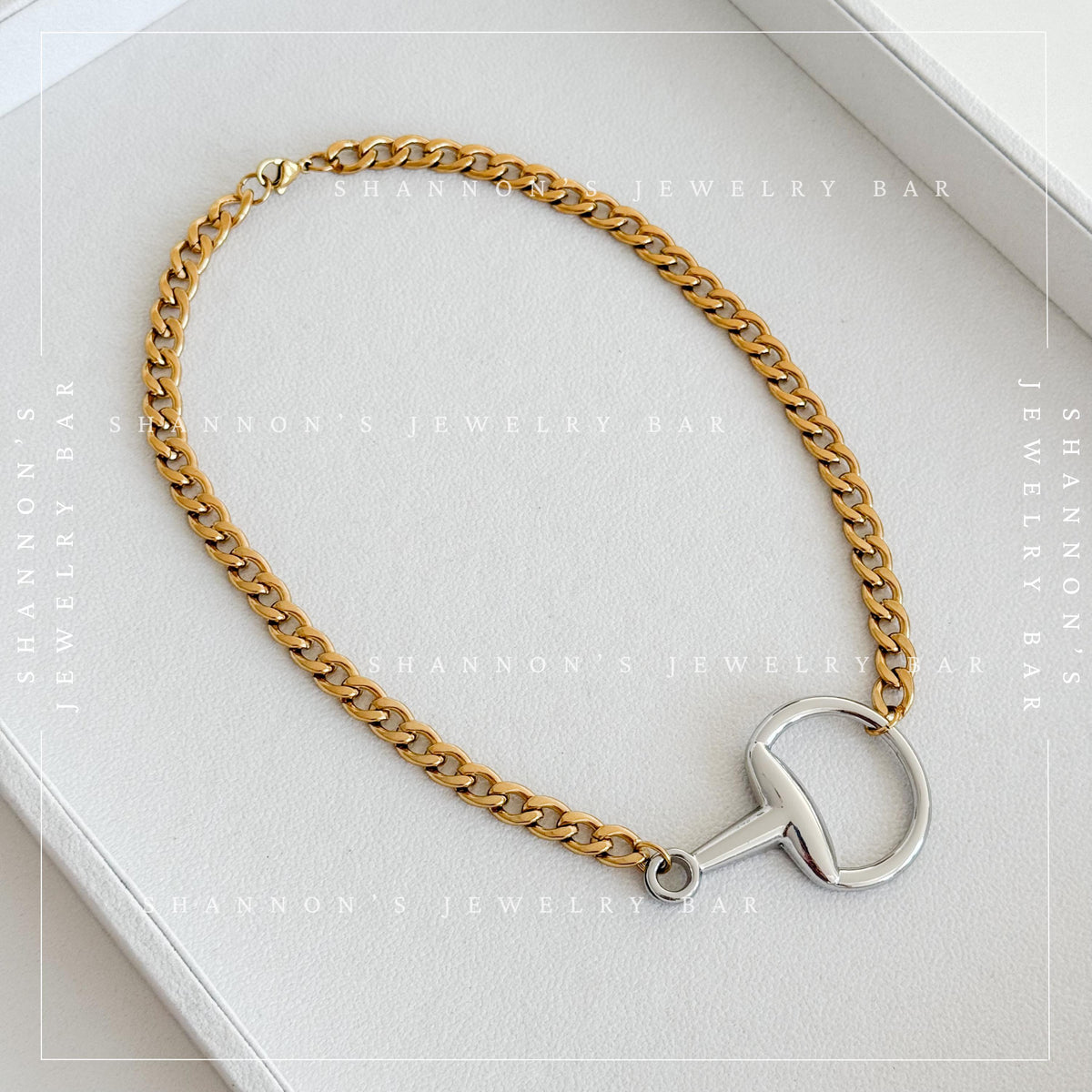 Mixed Metal Horsebit Necklace, Gold Cuban Link Chain Necklace, Silver Horsebit Statement Necklace, Waterproof Stainless Steel Jewelry