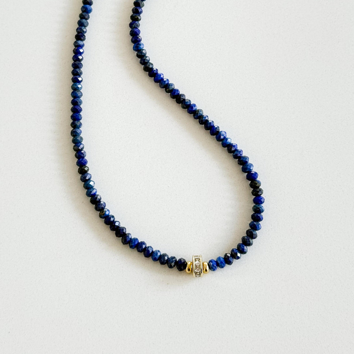 Genuine Lapis Lazuli Necklace, Blue Gemstone Beaded Necklace, CZ Spinner Focal, 18K Gold Plated Jewelry, September Birthstone Gift
