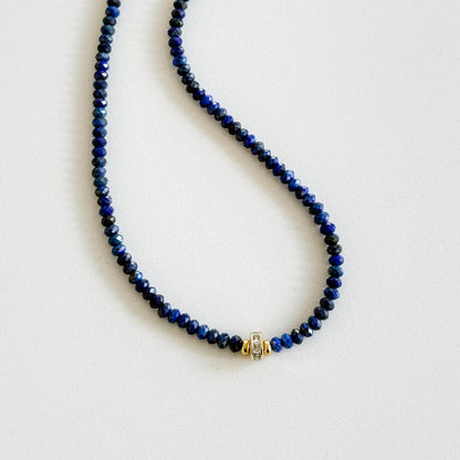 Genuine Lapis Lazuli Necklace, Blue Gemstone Beaded Necklace, CZ Spinner Focal, 18K Gold Plated Jewelry, September Birthstone Gift