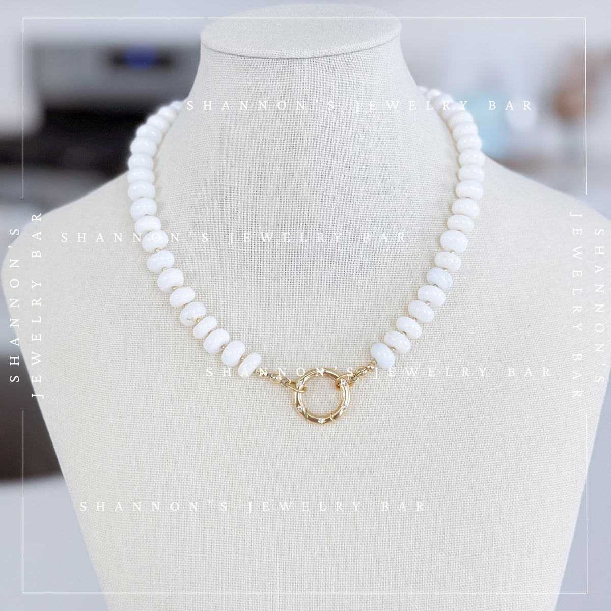 White Opal Beaded Necklace, Genuine Opal Gemstone Necklace, Gold Carabiner Charm Holder Necklace, Fish Pendant Necklace