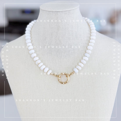 White Opal Beaded Necklace, Genuine Opal Gemstone Necklace, Gold Carabiner Charm Holder Necklace, Fish Pendant Necklace
